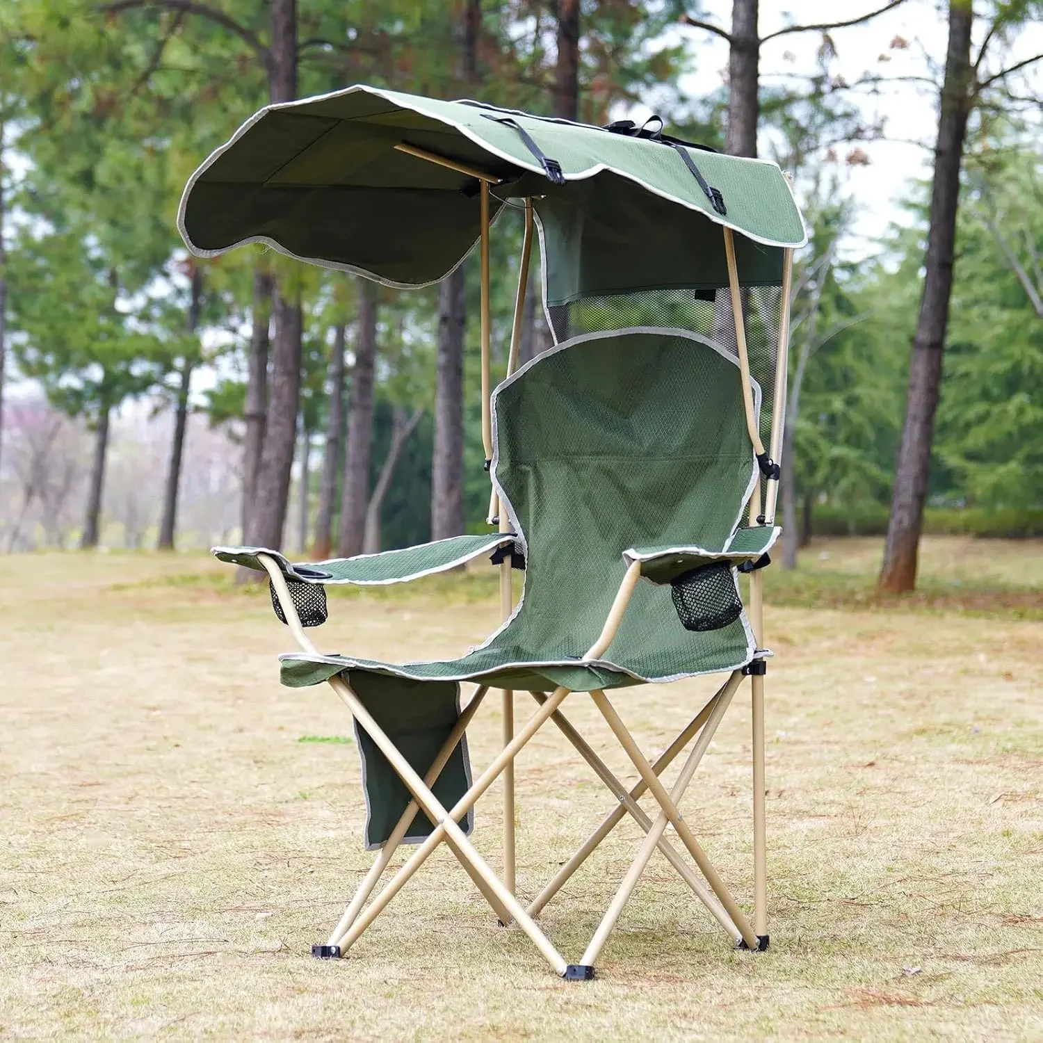 Foldable camping chair with two cup holders and storage bag for 50 inch high x 36 inch broadband sunshade