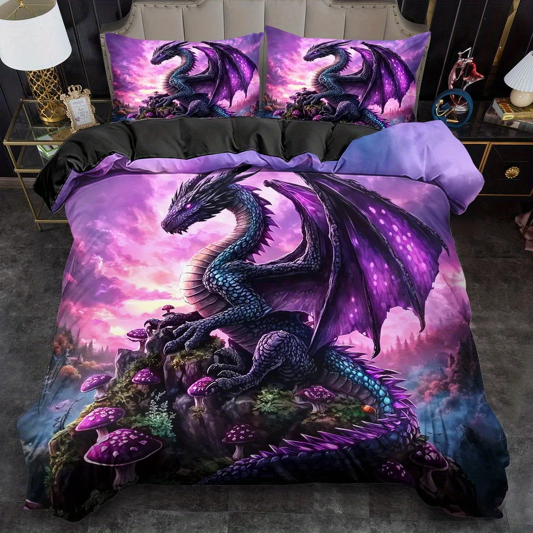 Cosmic Lunar Dragon Starry Sky Moon Purple Blue Dragon Bedding Set 3D Printed Fantasy Winged Dragon Duvet Cover Set for Bedroom