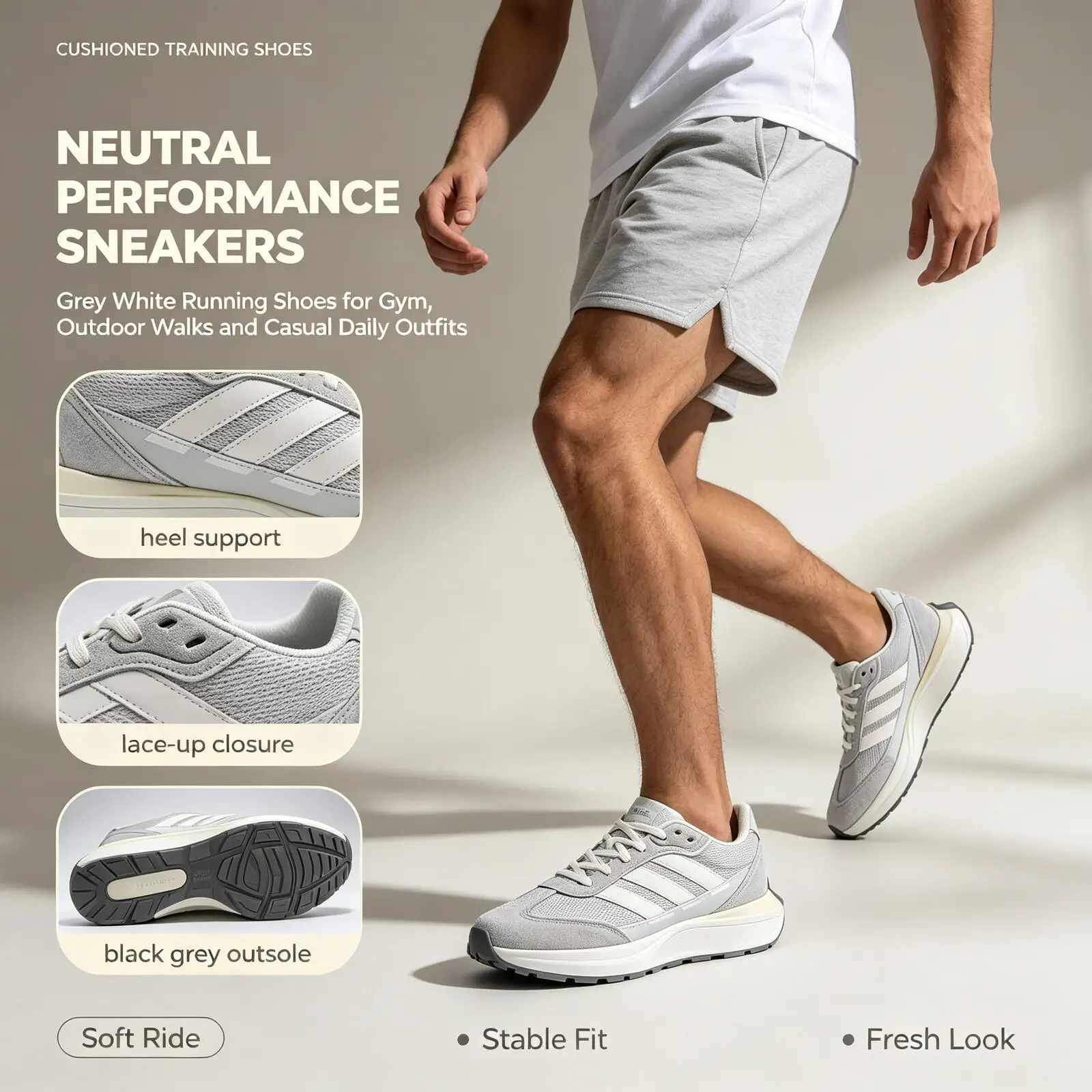 New Adidas Grey White Running Shoes Men Breathable Mesh Cushioned Training Sneakers Off-White Stripes Lightweight Athletic Shoes