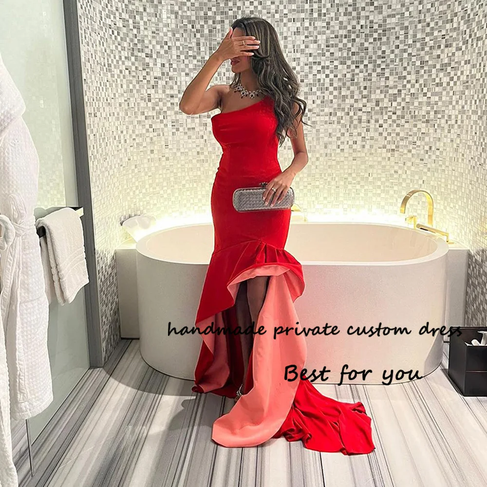 

Red One Shoulder Mermaid Evening Dresses with Slit Train Long Arabic Dubai Prom Dress Women Formal Evening Party Gowns