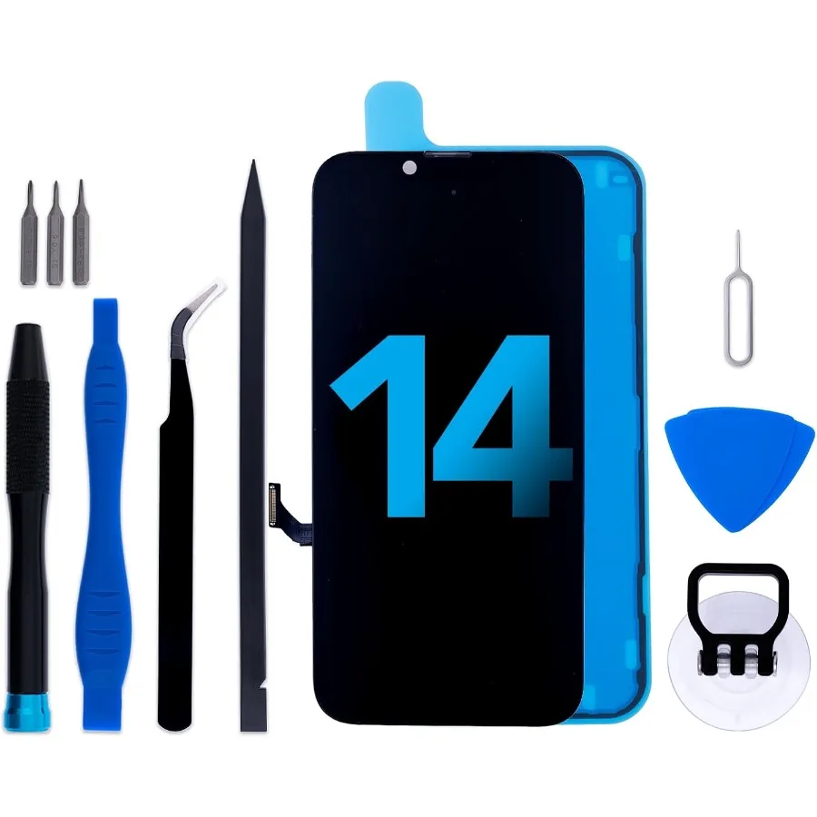 

Комплект для замены экрана для iPhone 14, ЖК-дисплей 6,1, сенсорный преобразователь в сборе с клейкой рамкой и инструментами для ремонта, совместимые с