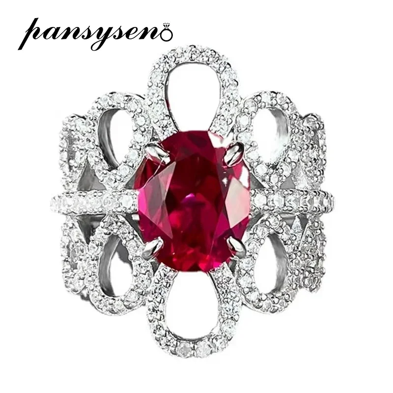 

PANSYSEN 100% 925 Sterling Silver Oval Cut 7x9MM Ruby High Carbon Diamond Ring 18k White Gold Plated Wedding Party Fine Jewelry