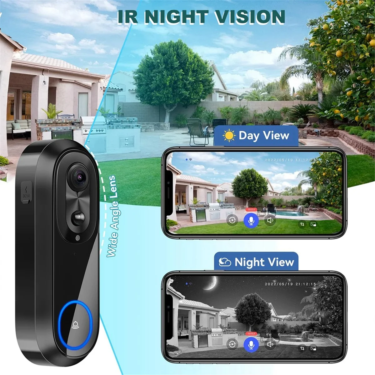 5G 2.4G WiFi Video Doorbell 1080P Wireless Smart Intercom Camera IP65 Waterproof Ring Bell with 7000mAh Battery