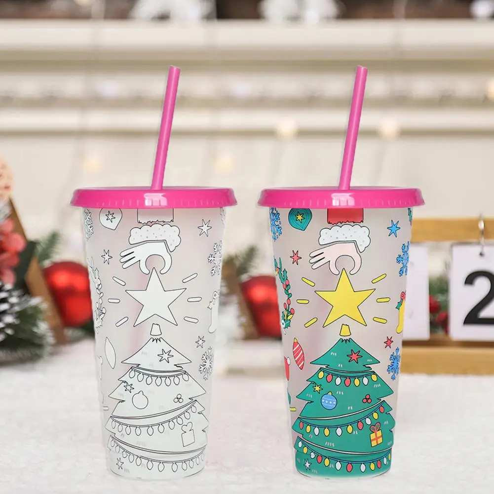 Color-changing Water Cup Magical Color Changing Christmas Tumbler Cup 710ml Dustproof Lid Food-grade Cartoon Cup for Coffee