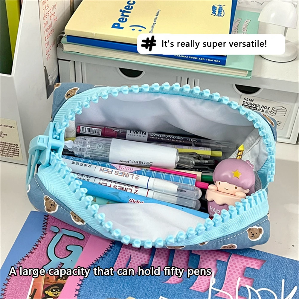 Little Bear Cute Pen Bag Large Capacity Print Pencil Case Creative Big Zipper Storage Pen Stationery Pouch Makeup Bag Bear Blue