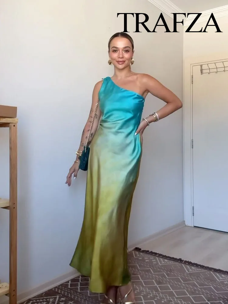 TRAFZA Woman Summer Fashion Vintage Gradient Off-Shoulder Dress Female Tie Dye Sexy Folds Zipper High Street Sleeveless Dresses