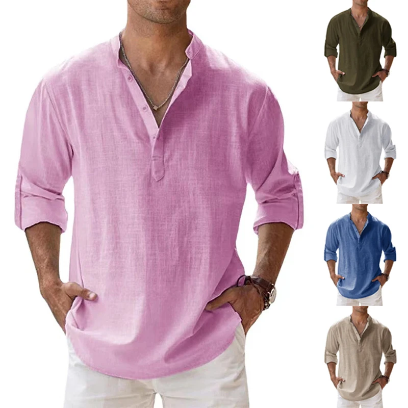 2023 New Men\'s Linen Long Sleeve Breathable Shirt Solid Color Casual Basic Cotton Linen Shirt Tops S-5XL