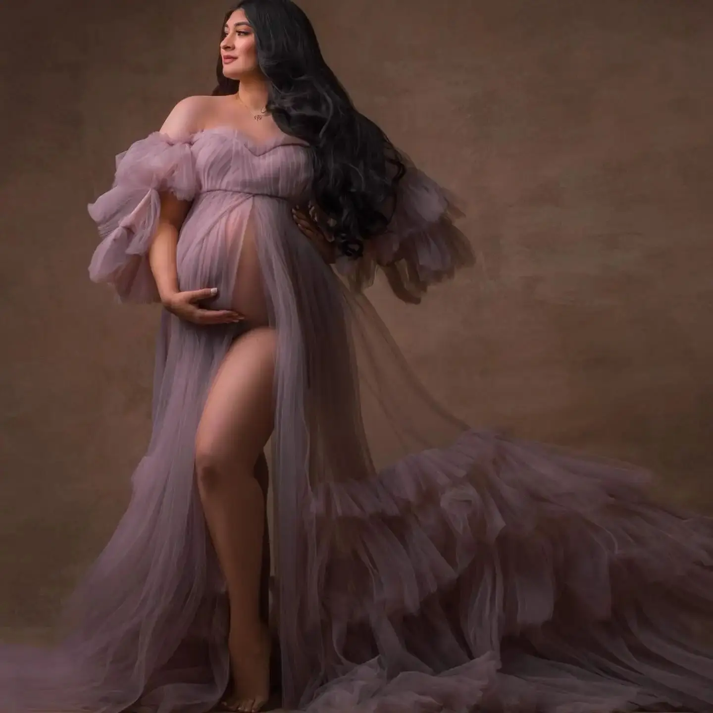 

Maternity Dresses Photo Shooting Sheer Sexy Vestidos Sweetheaart Tiered Tulle Slit Gowns for Pregnant Woman Baby Showers