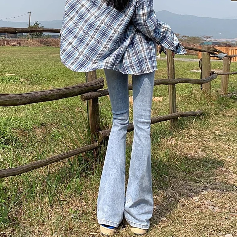 جينز نسائي مطاطي عالي الخصر أسفل الجرس ، بنطلون مضيء ، بنطلون جينز ، أزرق ، أسود ، قوطي ، مصمم ، سيدة ، أنثى ، موضة شارع راقي