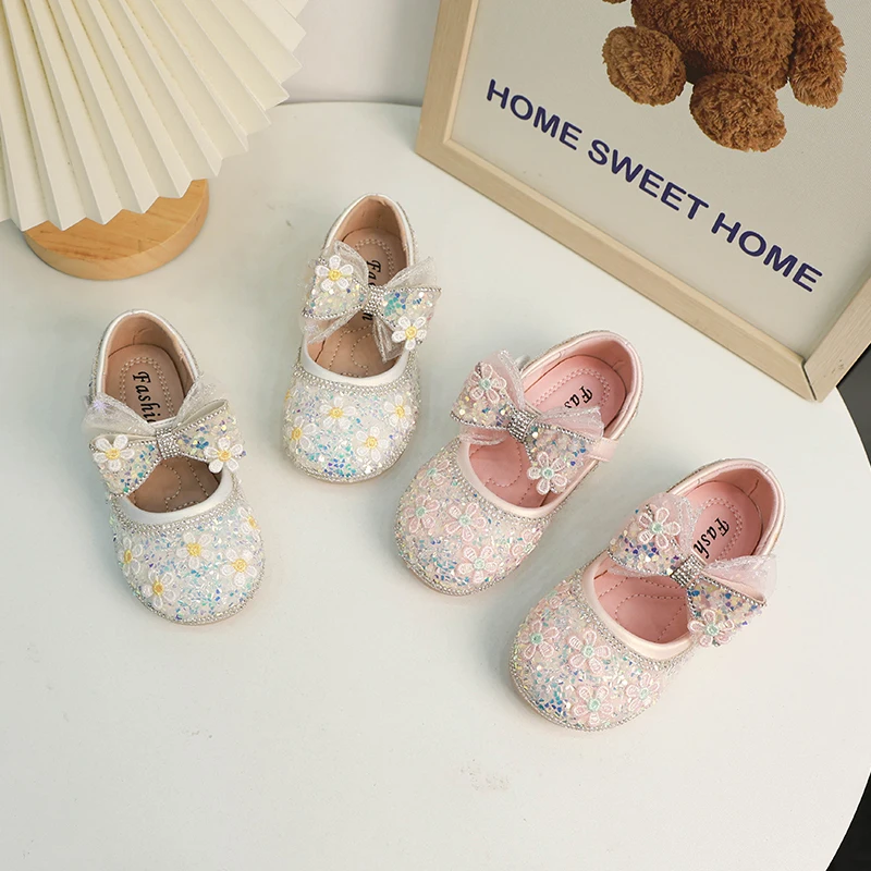 Children's Shoes Kid's Autumn New Pink Flats Infant Pink Sequin Princess Shoes Girls Breathable Bow Girls Glass Shoe