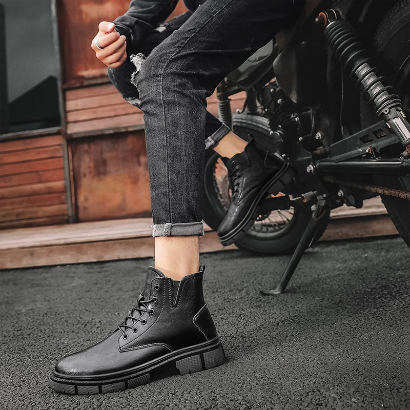 Botas de suela gruesa para Hombre, botines cortos de moto, botas de herramientas de cuero genuino de alta calidad, novedad de 2023