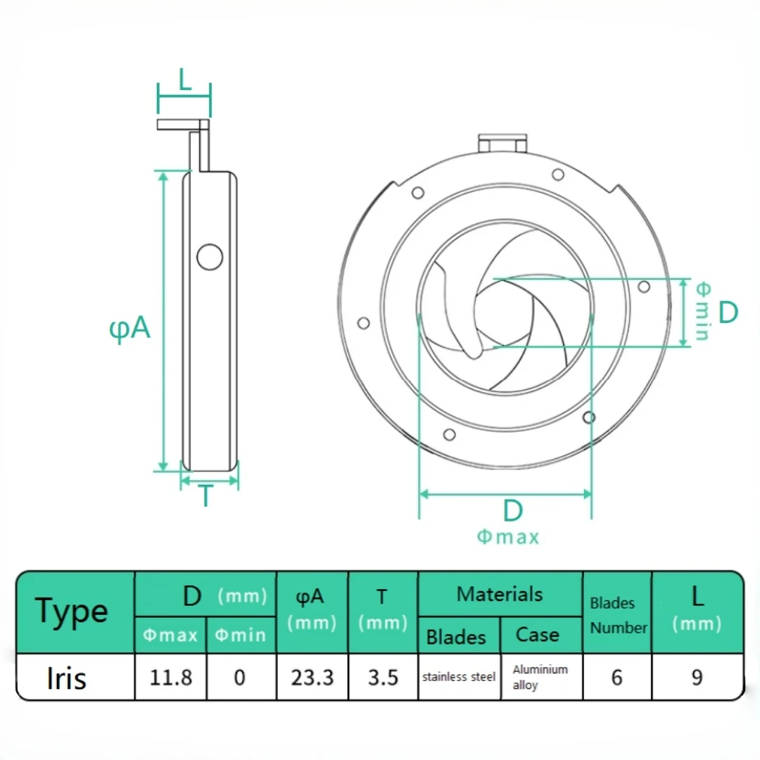 Mechanical Diaphragm 0-11.8mm Continuously Variable Iris Integrated Aperture Stop Microscope Camera Laser Optical Light Module