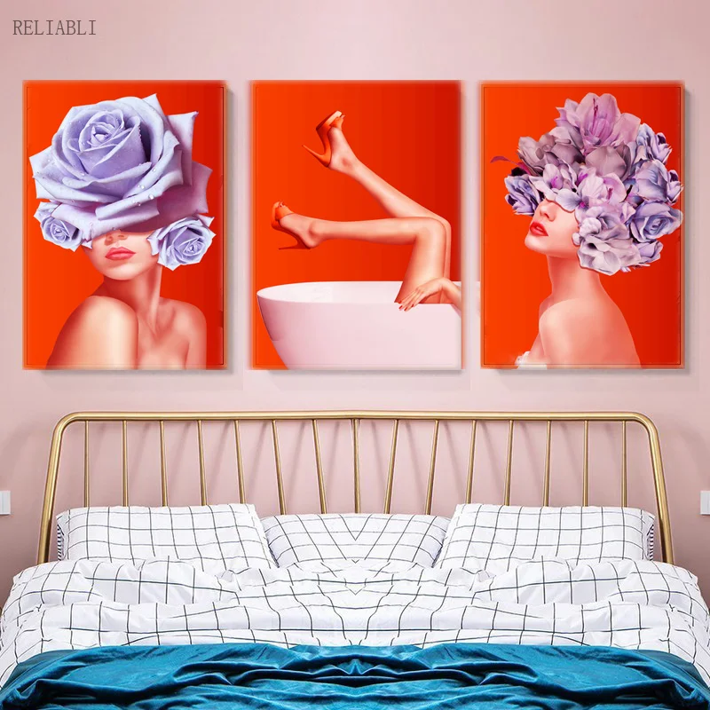 Abstracte Bloem Schoonheid Vrouw Badkamer Schilderen Posters Doek Poster Wall Art Home Decoration Foto Woonkamer Decor