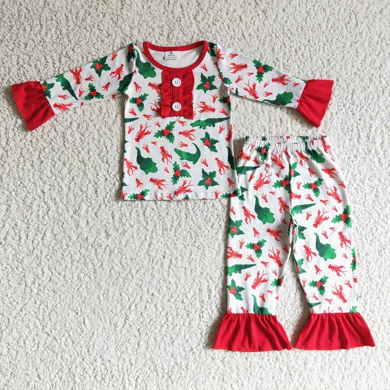 

New Fashion Baby Girls Girls Crocodile Lobster Cute Long Sleeve Pajama Set Wholesale Boutique Children Clothing Set