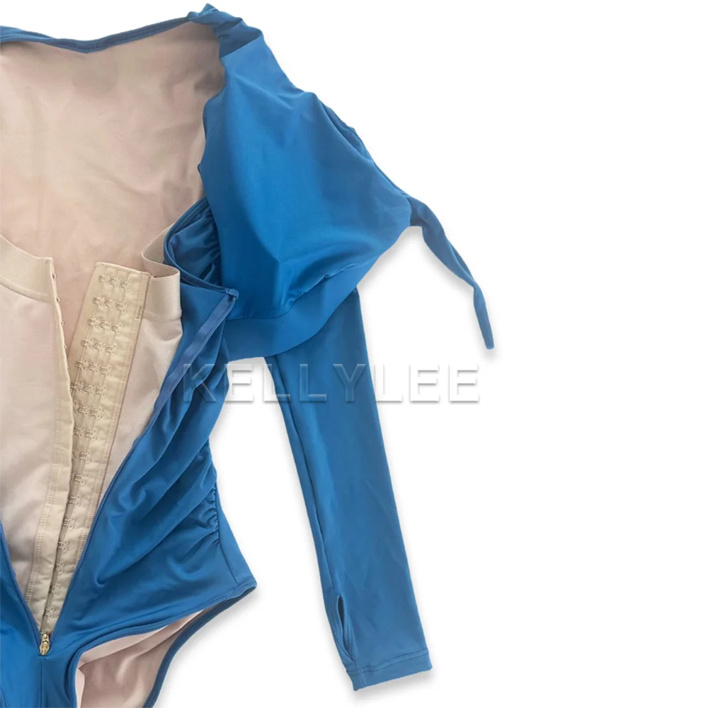 Blaue Langarm geformte Sommer Bodys Tanga Bauch Kontrolle mit BH nahtlose sexy Dreieck Fajas klassische Badeanzug Shape wear