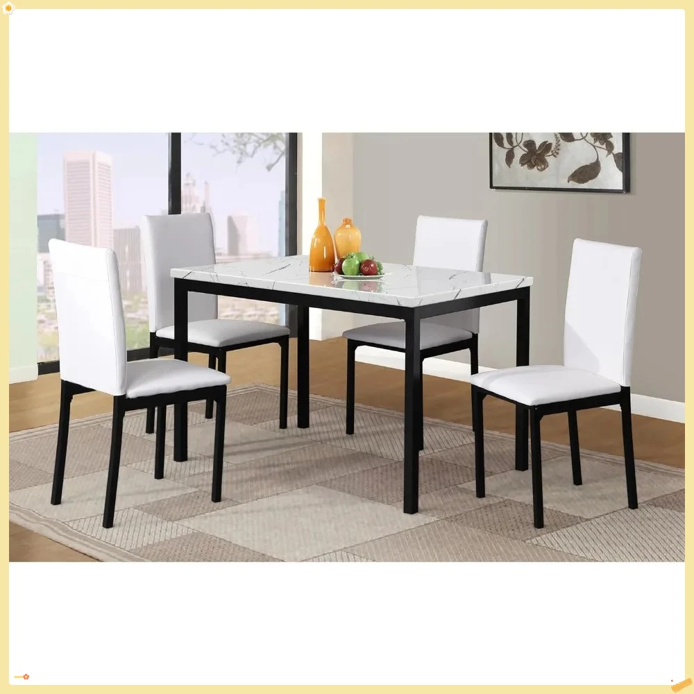 Set da pranzo in metallo da 5 pezzi con piano in finto marmo laminato, tavolo bianco con sedie bianche 45 x 28,5 x 30 pollici