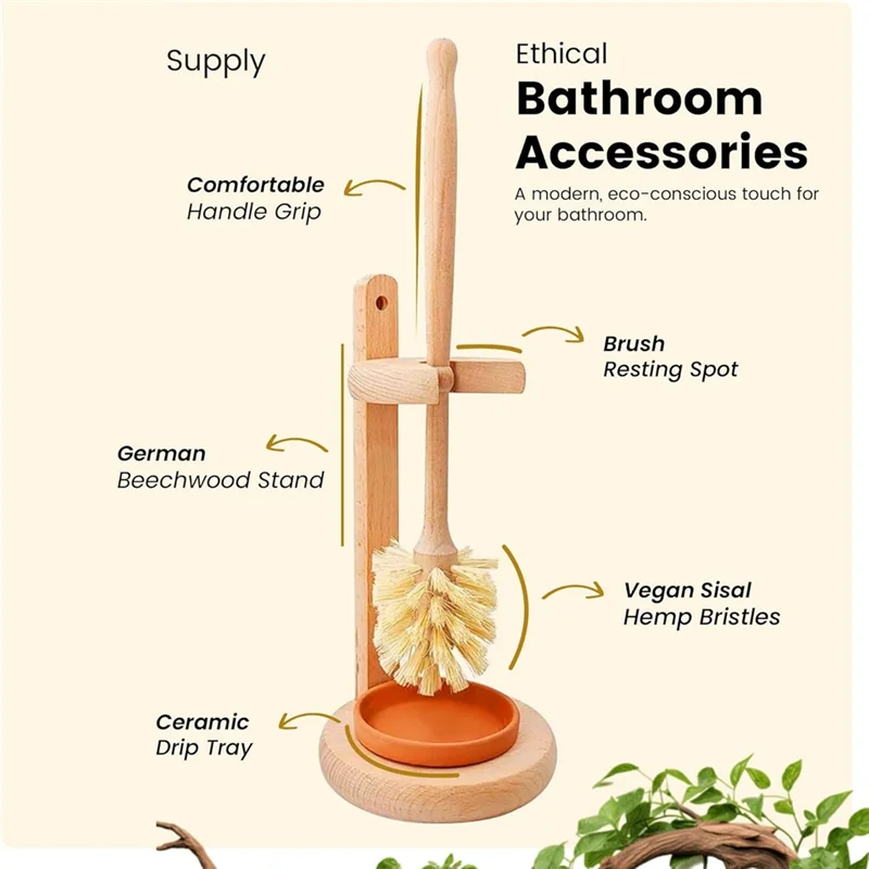 

B08B-German Beechwood Handle Toilet Bowl Cleaner Brush, 14 Inch Extra Long With Holder Drip Tray