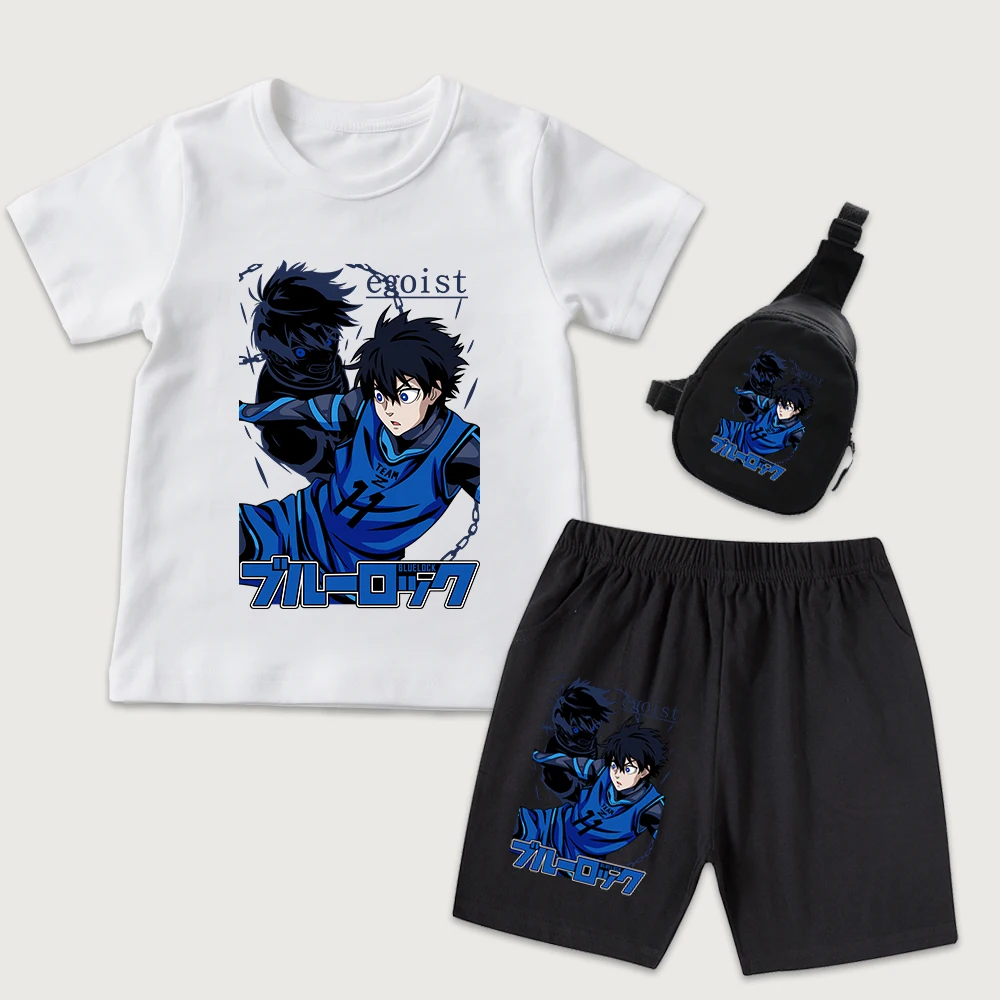 Blue Lock Yoichi Isagi Anime Print Kids Cotton T Shirt Shorts Mini Chest Bag 3Pcs Set Casual Summer Outfit for Boys Girls