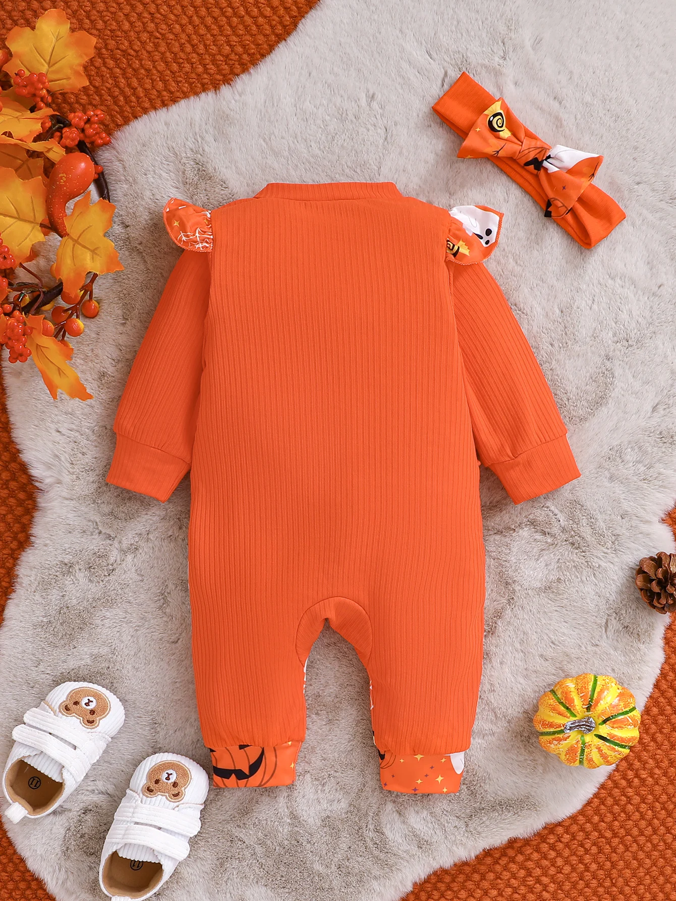Halloween Baby Romper Set - Orange Ghost & Pumpkin Print Jumpsuit with Ruffles, Matching Headband，Creative gift giving.