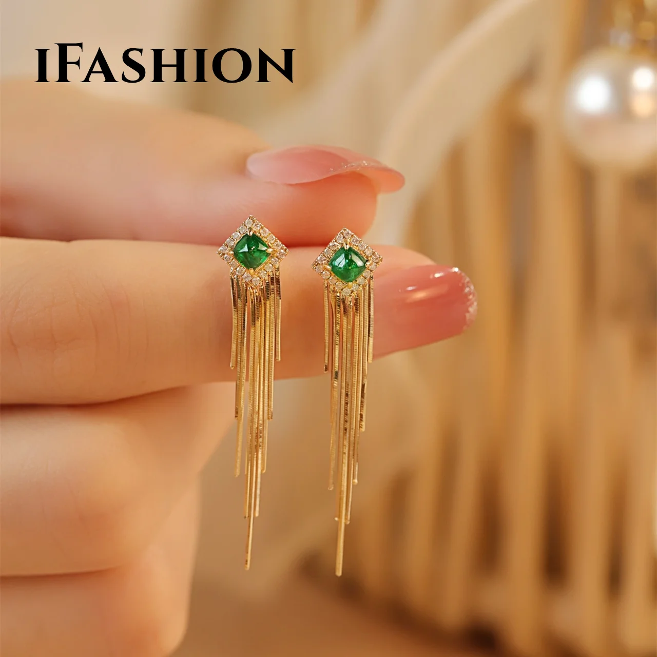 

IFASHION Snake Chain Emerald Diamond Earrings 18K Solid Yellow Real Gold (AU750)Women Fashion Lady Jewelry Girl Fine Jewelry