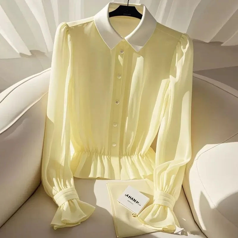 

Fashionable Temperament Chiffon Top Women High-end Pinch Waist Yellow Shirt Early Autumn Lapel Long-sleeved Button Splicing Top