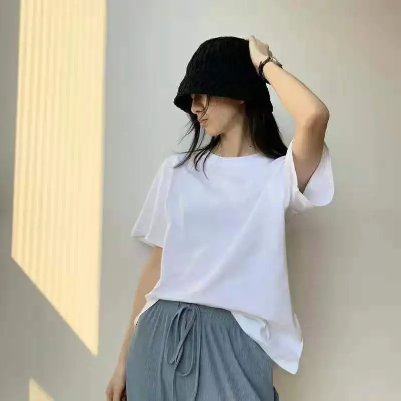 

Женская белая футболка из чистого хлопка с короткими рукавами, свободная повседневная Корейская версия Ins, летняя новая однотонная одежда с круглым вырезом