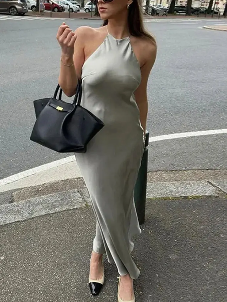 2025年新作 レディース サマードレス 無地 サテン ホルターネック バックレス ロングドレス シック セクシー エレガント ヴィンテージ 女性用イブニングドレス