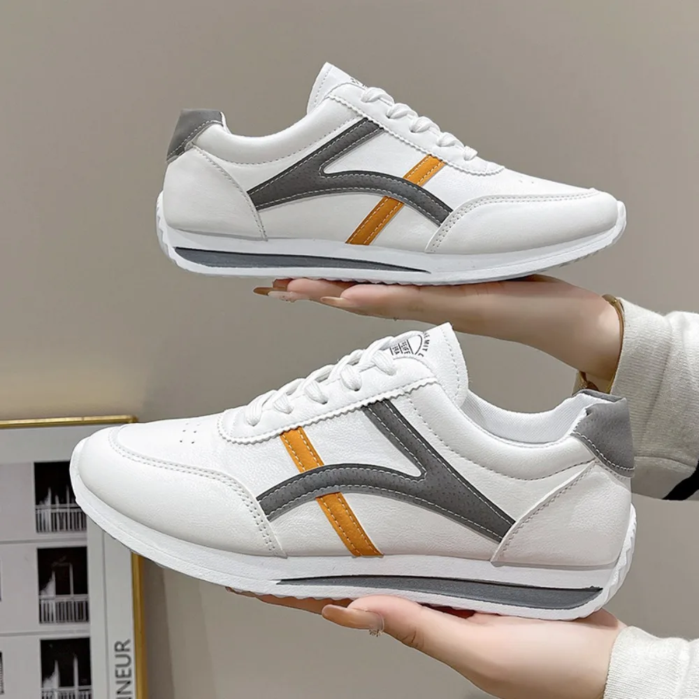 أحذية رياضية مريحة من الجلد للنساء، أحذية بيضاء صغيرة، أحذية رياضية مريحة برأس مستدير وأربطة أمامية، أحذية رياضية للجري #2
