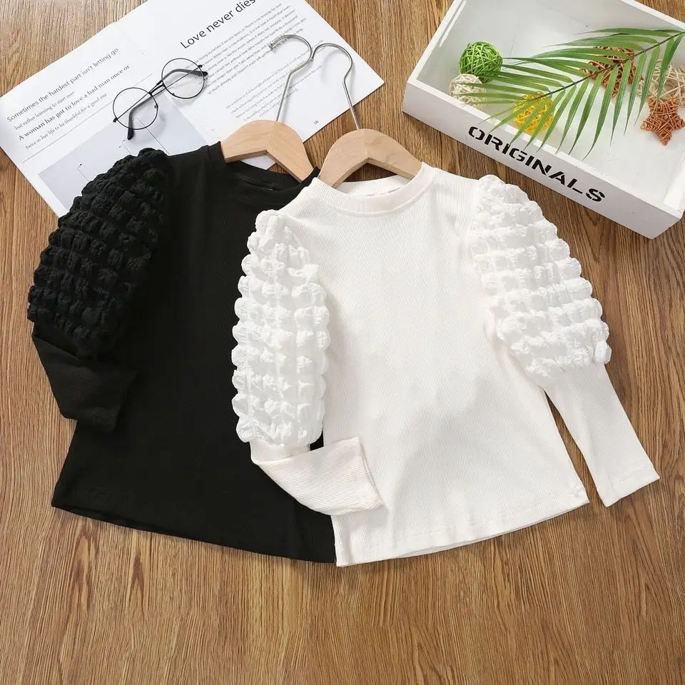 2024 Autumn Girls Fashion Puffy Sleeve T-shirts Kids Casual Tee Two Colors 1-8 Years