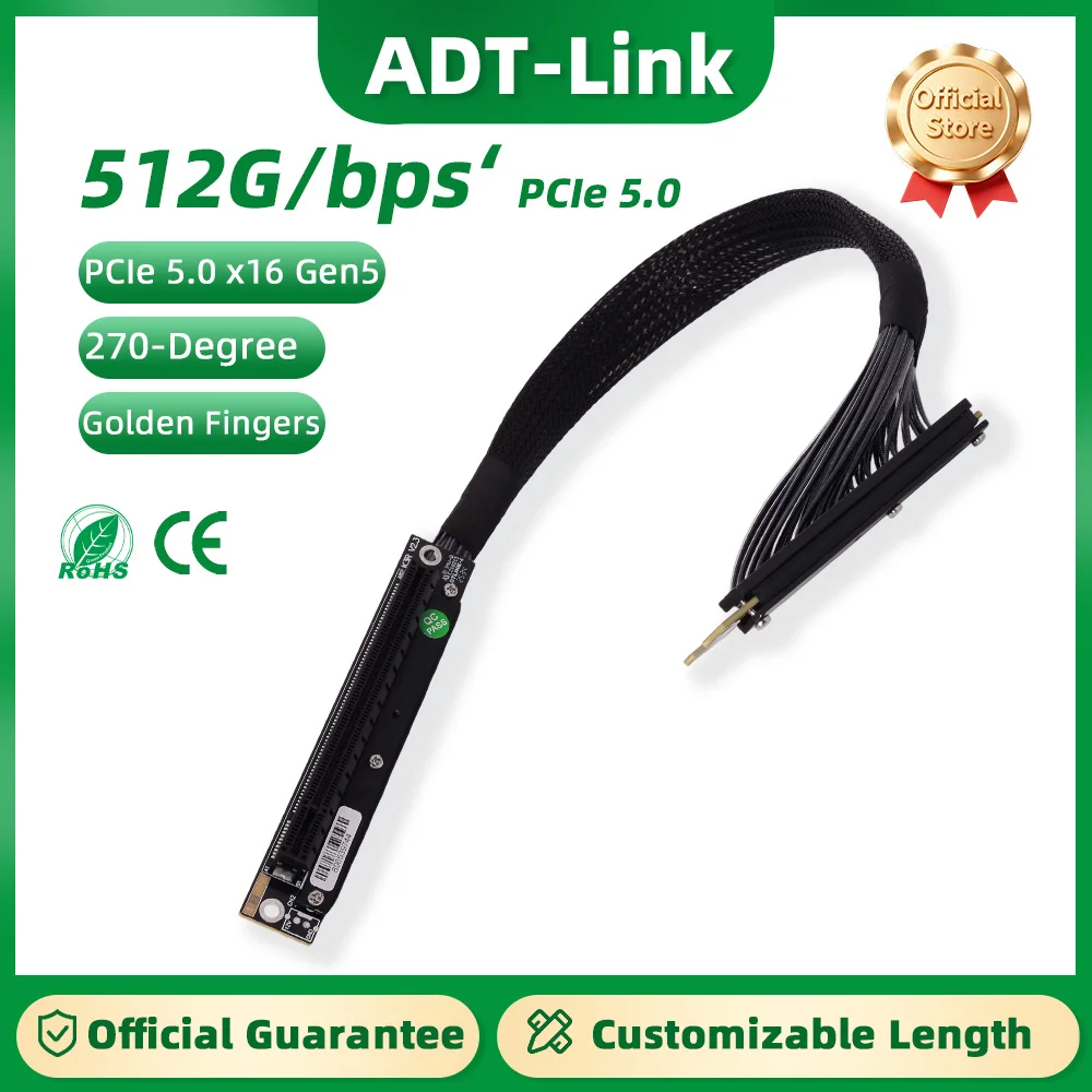 ADT-Link Dual Reverse Side Bending PCI-E 5.0 x16 Graphics Card Extension Cable for Chassis Server NVIDIA RTX50 AMD RX90xx Series
