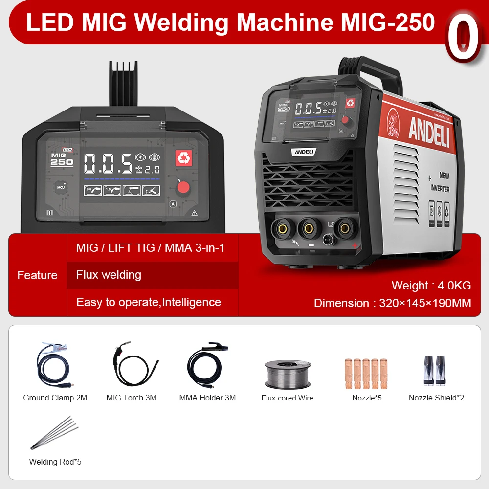 ANDELI  110V/220V LED  MIG-250 LIFT TIG MMA MIG Gasless MIG Welding Machine