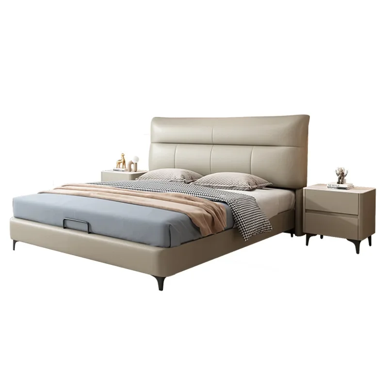 

Solid wood frame leather bed, modern simple Internet celebrity tofu block, master bedroom bed Nordic style