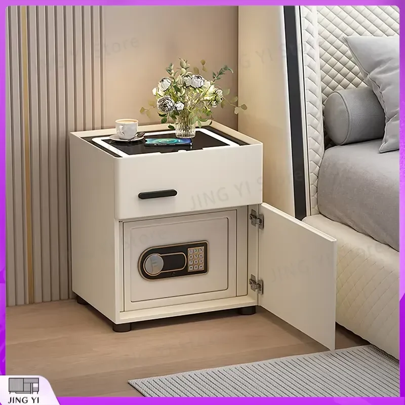Modern Cream Nordic Minimalist Bedside Table with Lock Secret Compartment Safe Storage Nightstand for Bedroom Living Room