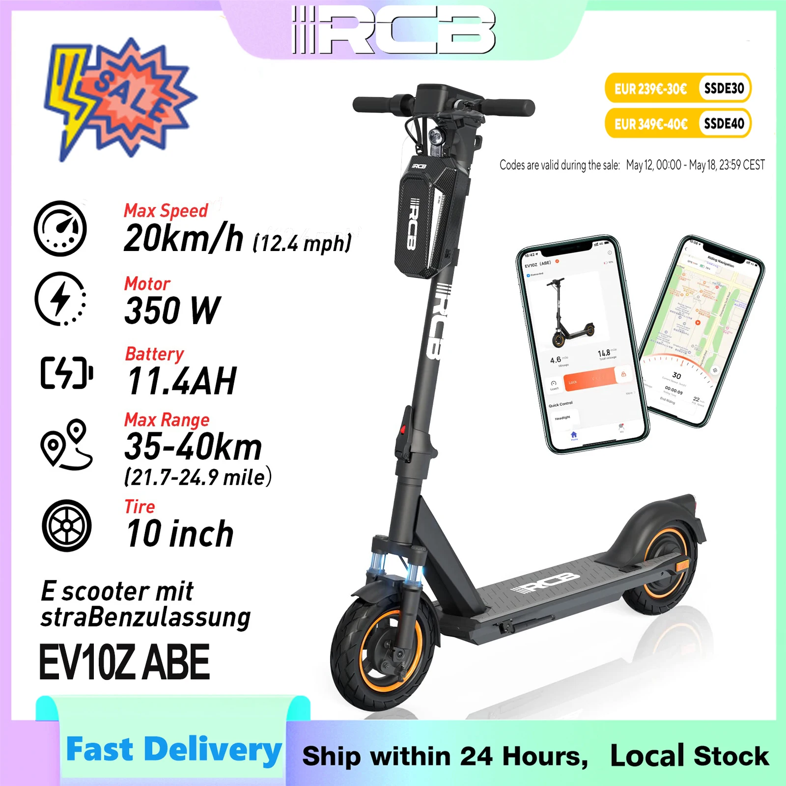 RCB 350 W faltbarer Elektroroller für Erwachsene ABE, Doppelbrems-E-Scooter mit wasserdichtem