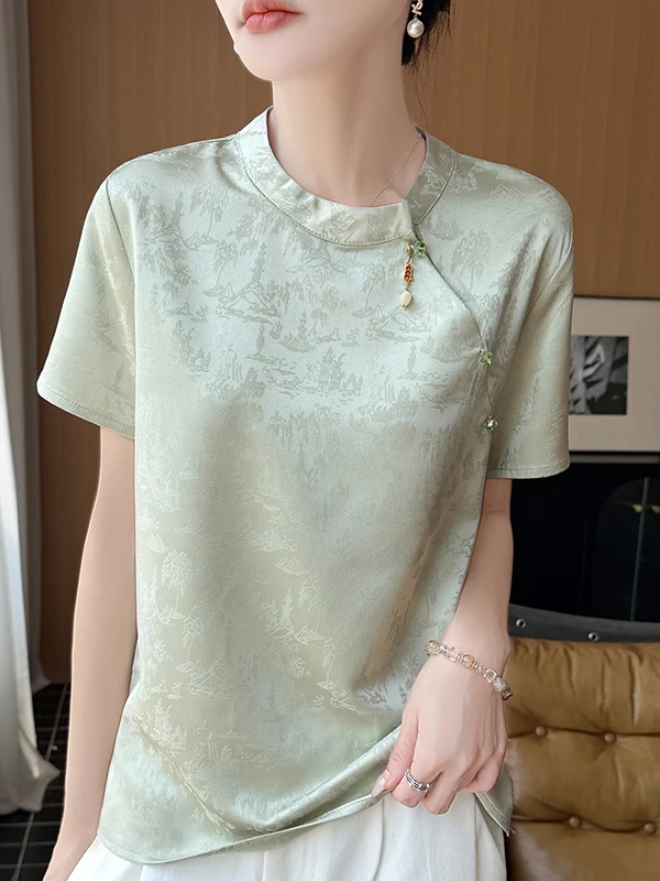 

Elegant Chinese Style Silk Satin Short Sleeve Shirt Stand Collar Side Button High End Feel Top Commute Straight Tube Pure Color