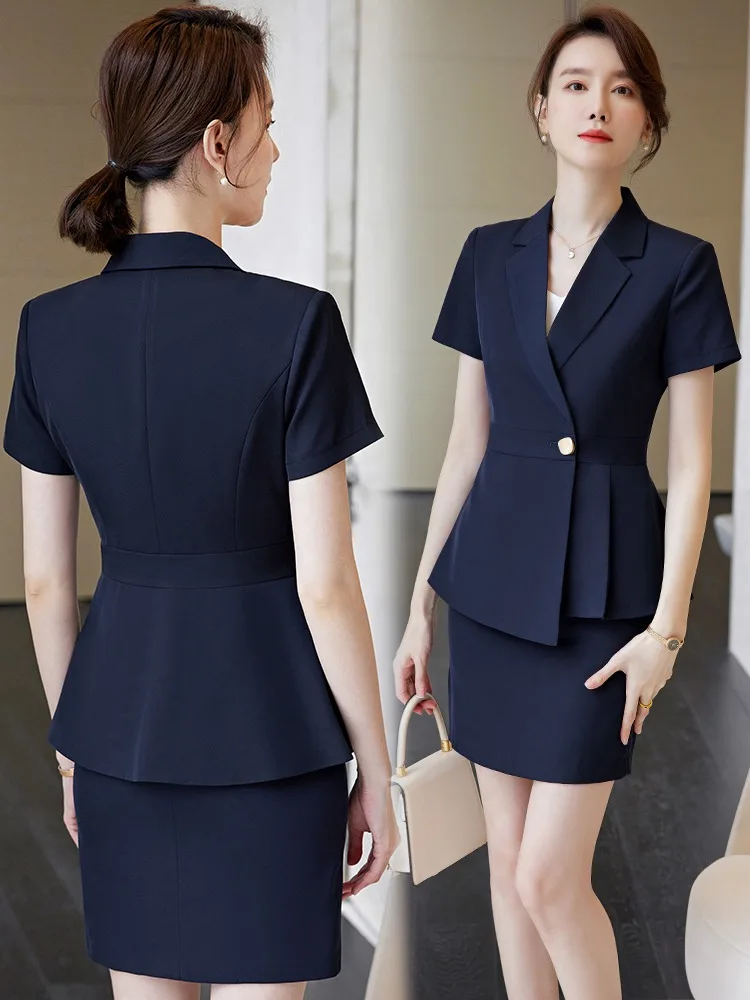 

Королевский синий деловой костюм с коротким рукавом, тонкий, профессиональный, женская рабочая одежда для ювелирного магазина, летний наряд, стильный, для повседневной носки