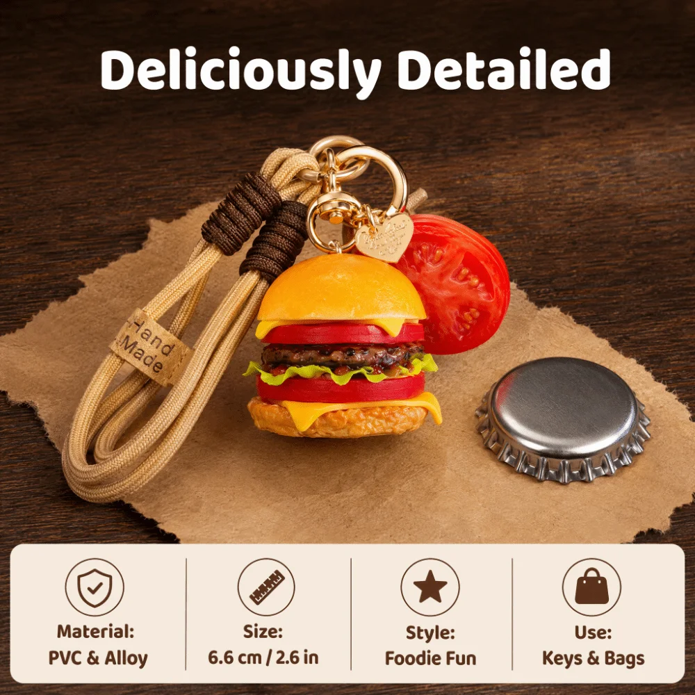 Realistic Hamburger Squishy Keychain PVC Mini-size Simulation Hamburger Keyring Cartoon Double-layer Beef Hamburger