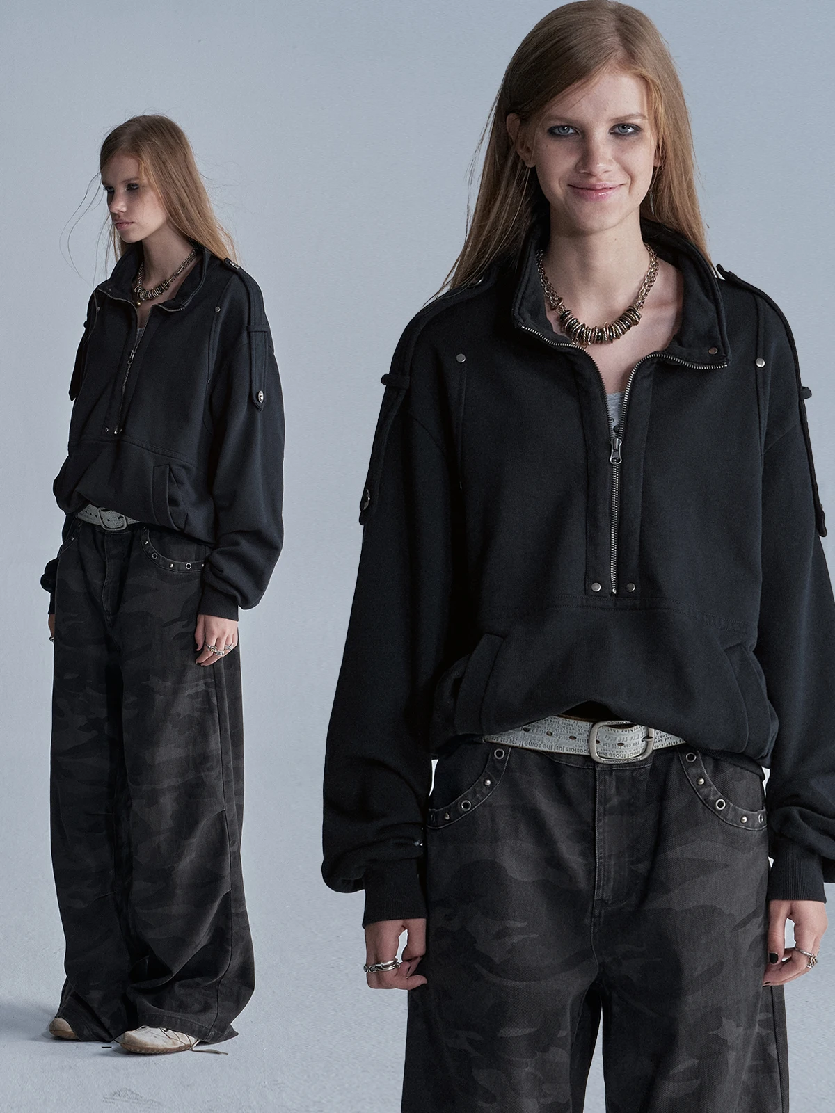 Wearandtear Long Sleeve Zipper Stand Collar Half Button Shoulder Patch Loose Rivet Kangaroo Pocket Sweatsuit Women's Street S...