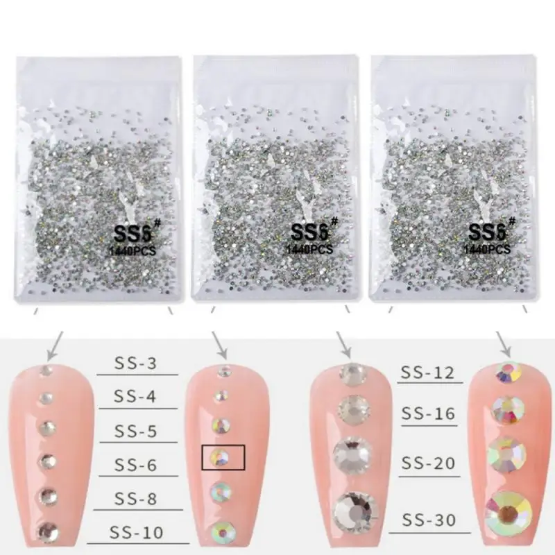 SS3-SS6 Crystal AB Nail Rhinestones Mini Round 1440pcs Nail Diamond Clear Golden Back Stones 3D Non HotFix FlatBack Nail Art