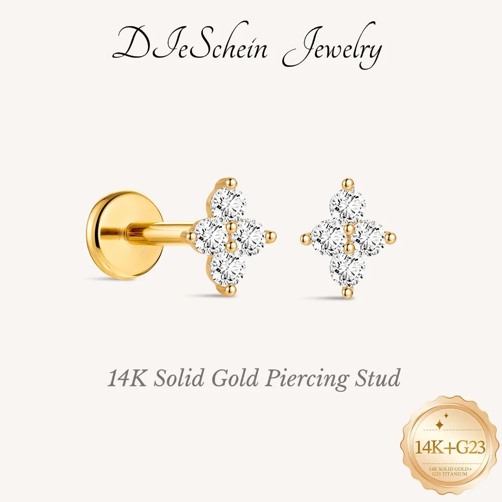 DIeSchein 14K Solid Gold Flat Back Single Stud Earring 5/6/8mm Post Length Tiny Piercing Hypoallergenic Minimalist Gold Earring