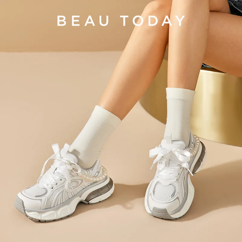 BEAUTODAY Chunky Sneakers Women Patchwork Mesh Ribbon Lace Up Pearl Chain Thick Sole Female Platform Shoes Handmade HW29A12