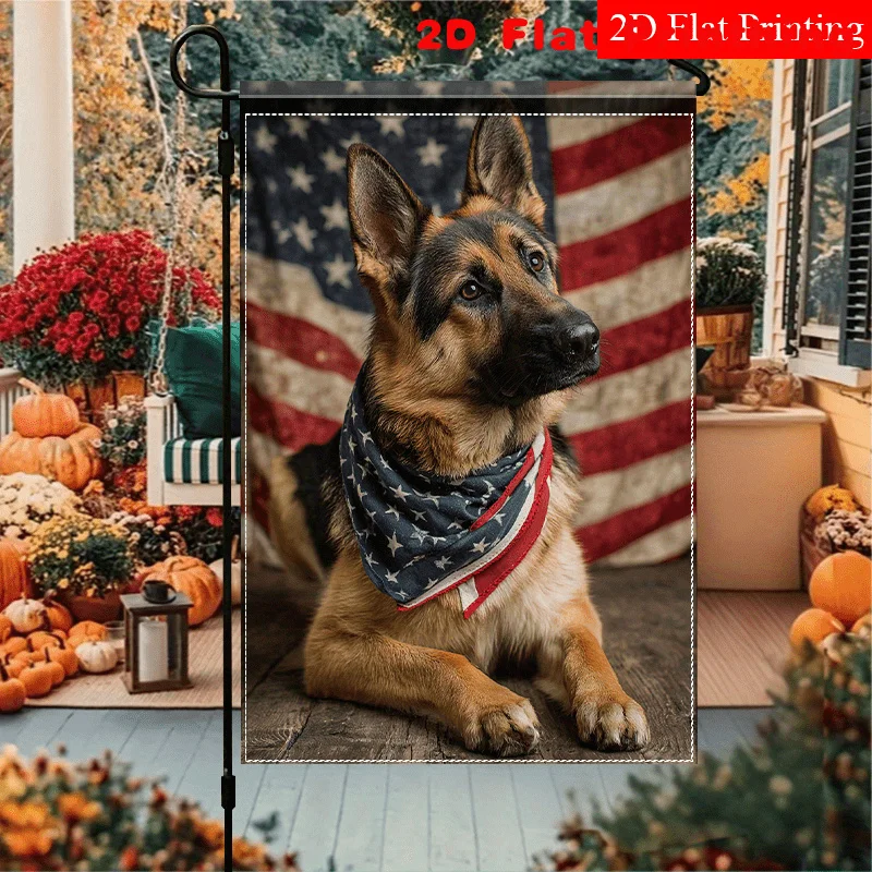 Bandera Plana 2D para Patio, Elegante Bandera Pequeña de Navidad con Pastor Alemán Sentado, Adecuada para Decoración de Jardín al Aire Libre