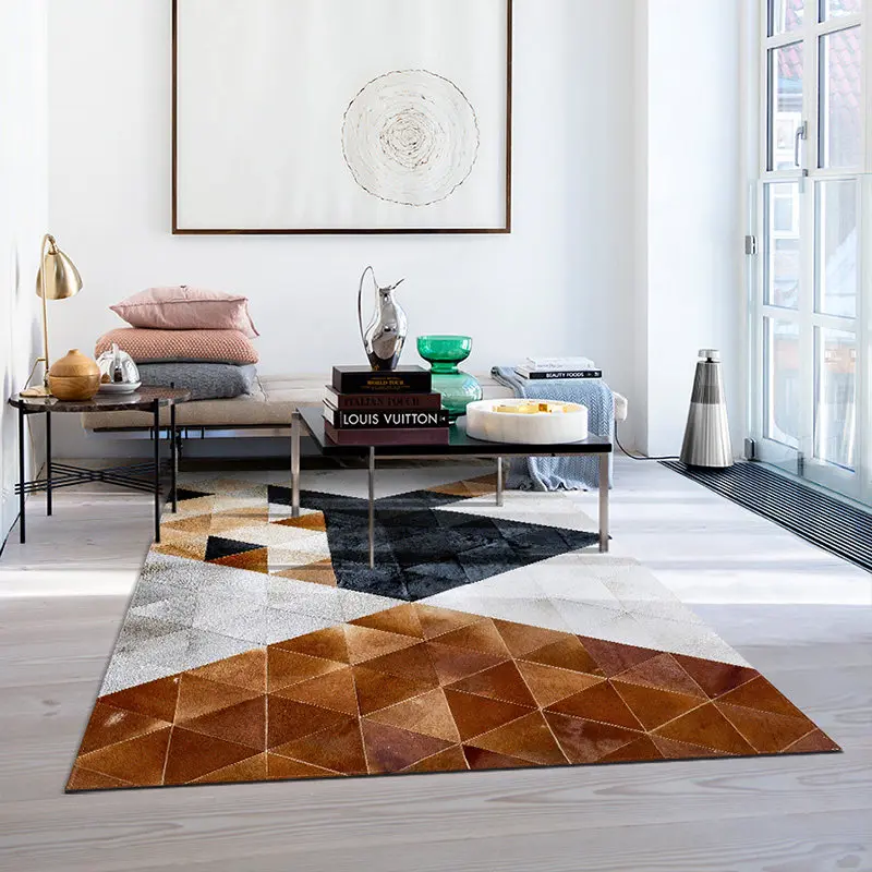 Nordic Style Geometric Carpet Handmade Real Cowhide Home Rug Black White Brown Plaid Simple Area Rug for Bedroom Cloakroom Mat