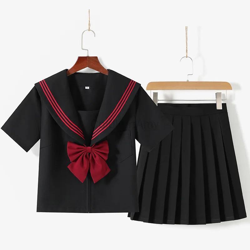 

Japanese Style Sailor School Uniform Jk Suit Red Tie Black Short Sleeve Top Skirt Anime Cosplay Photography