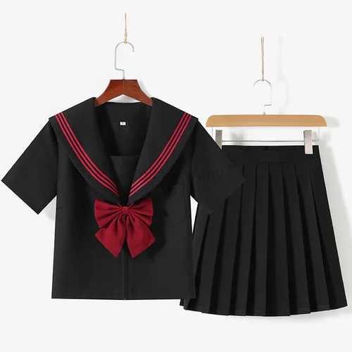 Uniforme escolar de marinero de estilo japonés, traje Jk, corbata roja, falda superior de manga corta negra, fotografía de Cosplay de Anime