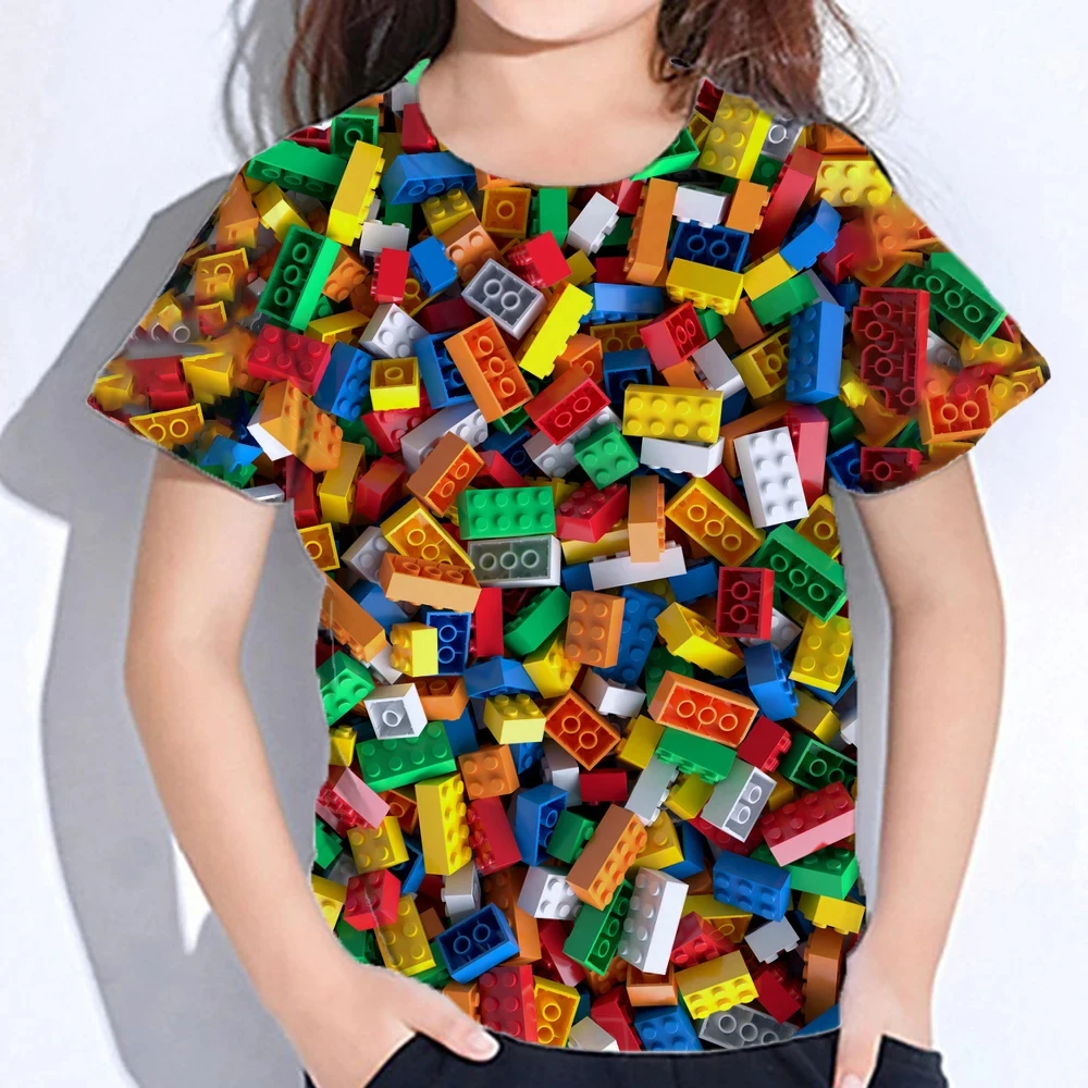 T-Shirts Game Block Patterns 3D Printed Streetwear Boys Girls Fashion Oversized Short Sleeve T Shirt Kids Tees Tops Clothing