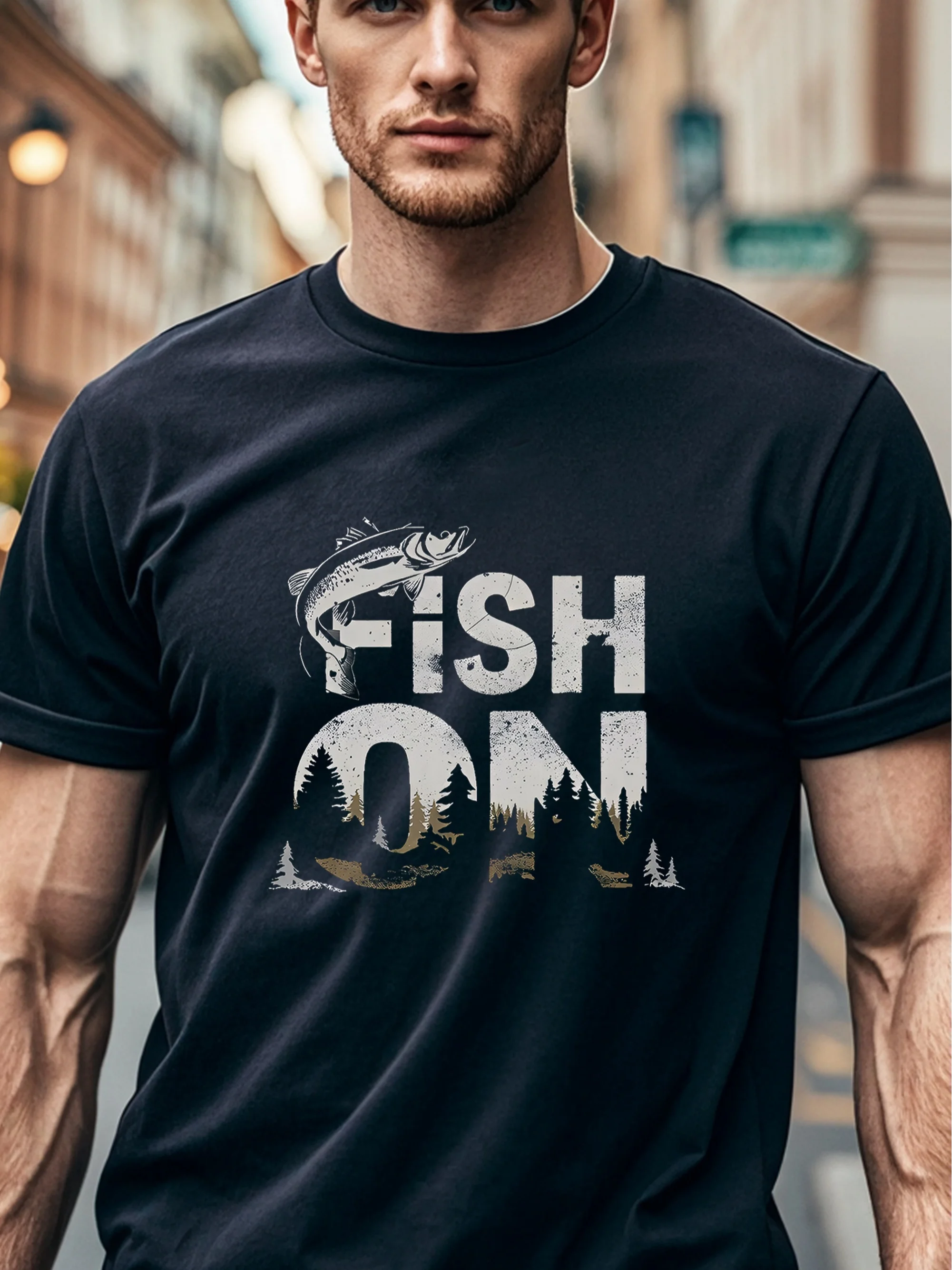 

FISH ON Graphic Men's T Shirt 100 Cotton Casual Crew Neck Short Sleeve Black with Unique Fish Forest Design