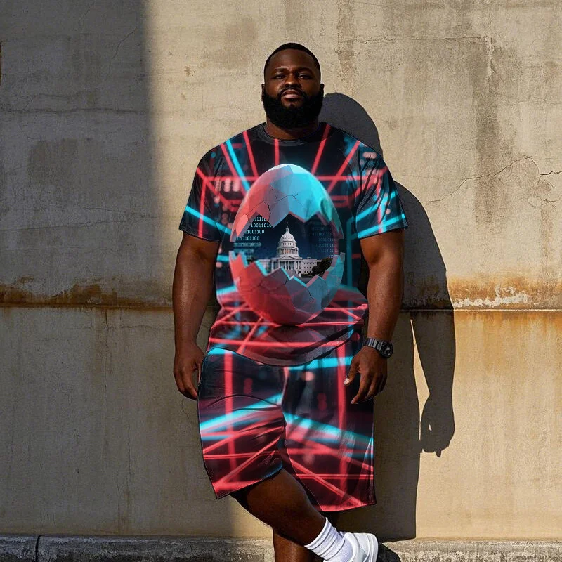 Men's Plus Size 2 Piece Graphic T-Shirt and Shorts Set, Galaxy or Futuristic Prints, Short Sleeve Crew Neck, Summer Wear, S-9XL