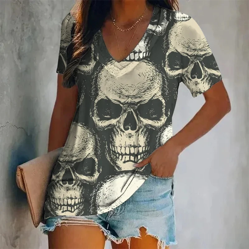 Summer Women Vintage T-shirt Colorful Skull V-Neck Tops Tees Female Fashion Short Sleeve Clothing Ladies Casual Stylish Outfit