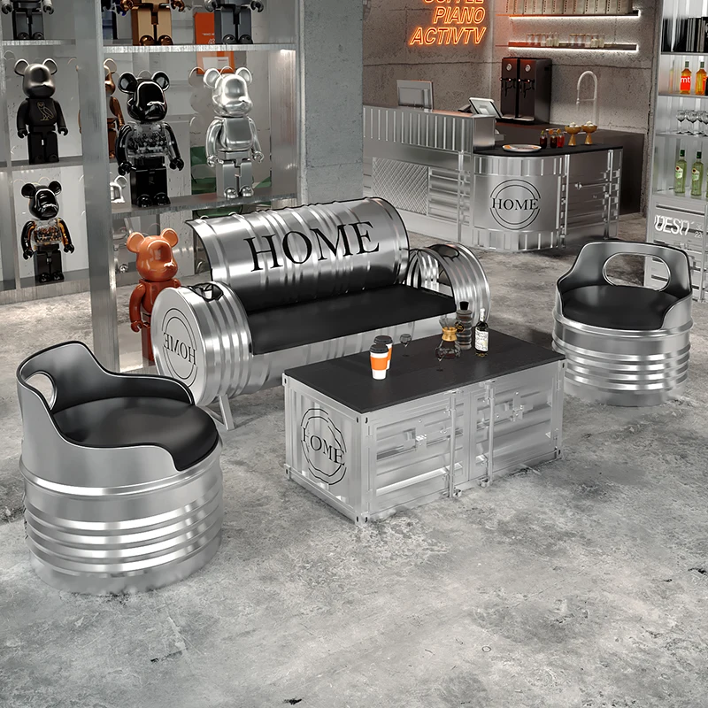 Industrial style commercial oil barrel barbecue milk negotiation bar iron art table and chair card seat combination